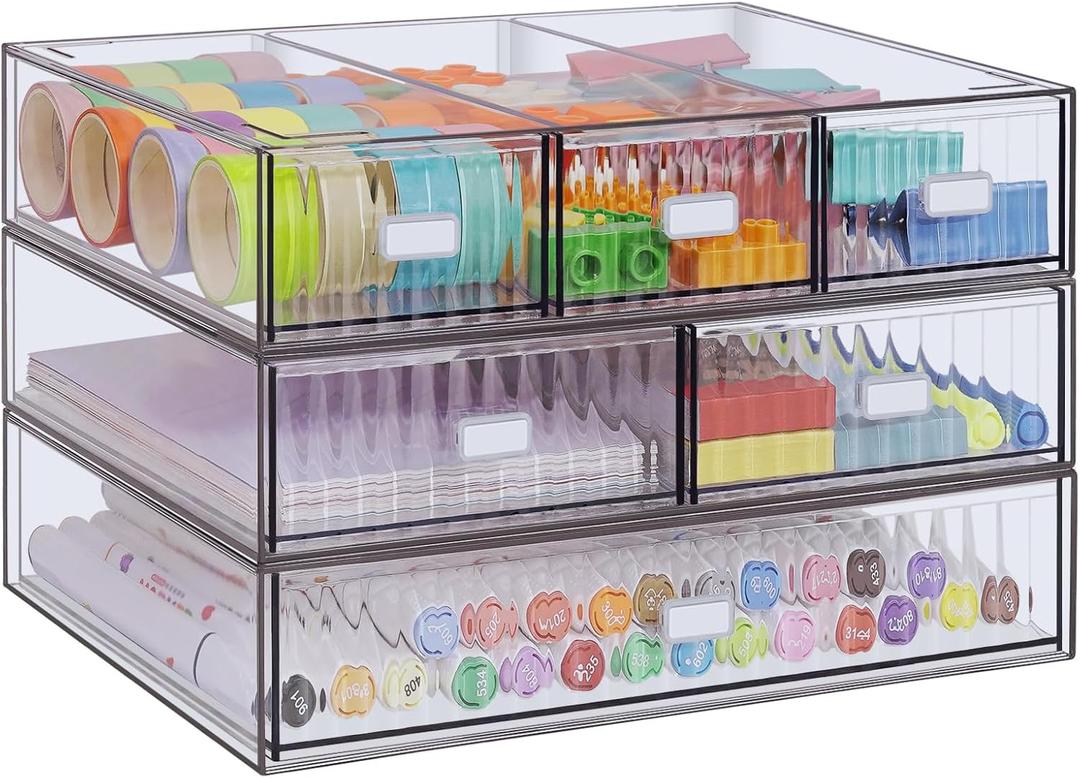 3 Tier Stackable Desk Organizer with 6 Drawers, YOCOMEY Plastic Desktop Storage Box Drawers, Detachable Makeup Storage Office Stationery Supplies Organizer for Office School(Clear)