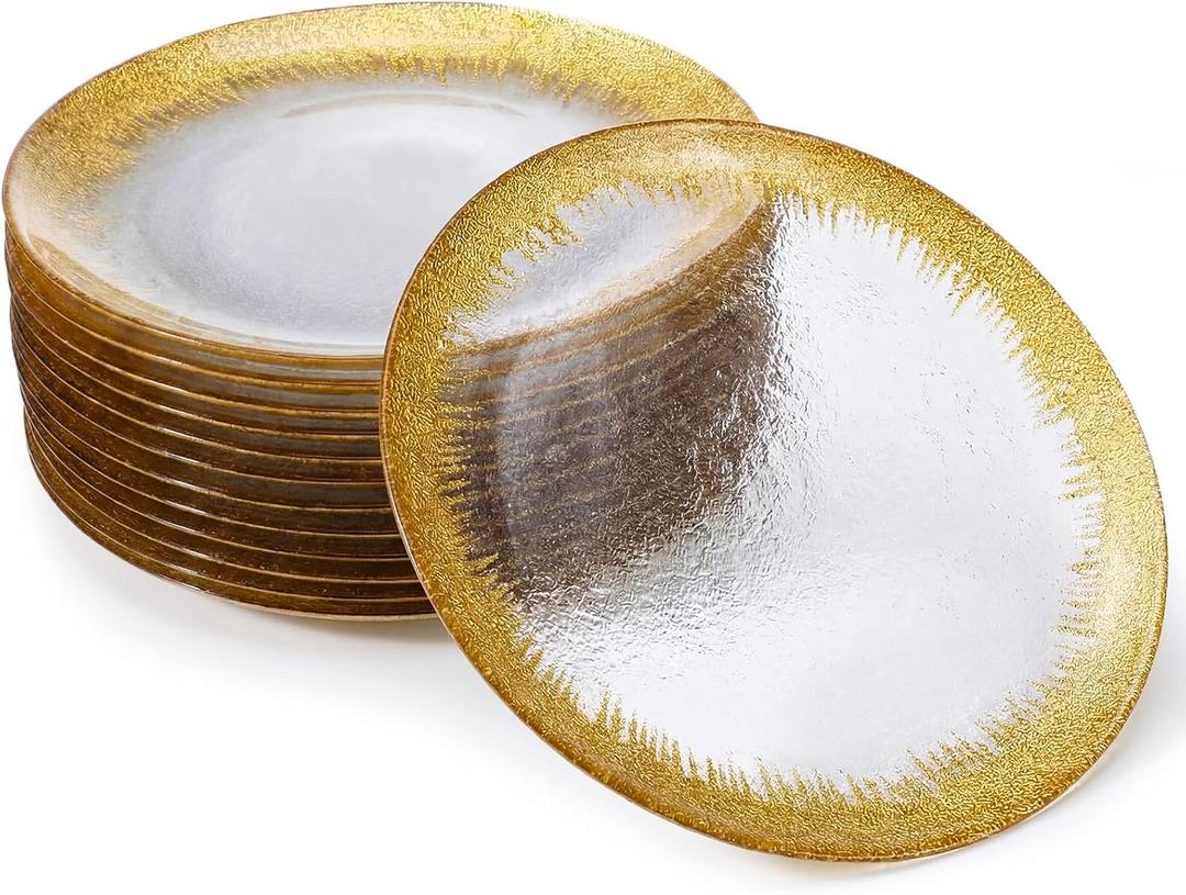 12 Pcs Gold Glass Charger Plates 13 Inch Elegant Gold Rim Glass Charger Plate for Wedding Party Banquet Occasions Birthday Celebrations Home Event Tabletop Upscale Decoration Dinner Kitchen, 13 inches/ 33.02 cm