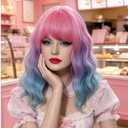 14" Short Bob Light Pink Ombre Light Blue Wavy Curly Bangs Wig Air Bangs Shoulder Length Women's Charming Synthetic Wig for Cosplay Party Anime Costume+Wig Cap (Light Pink Ombre Light Blue)