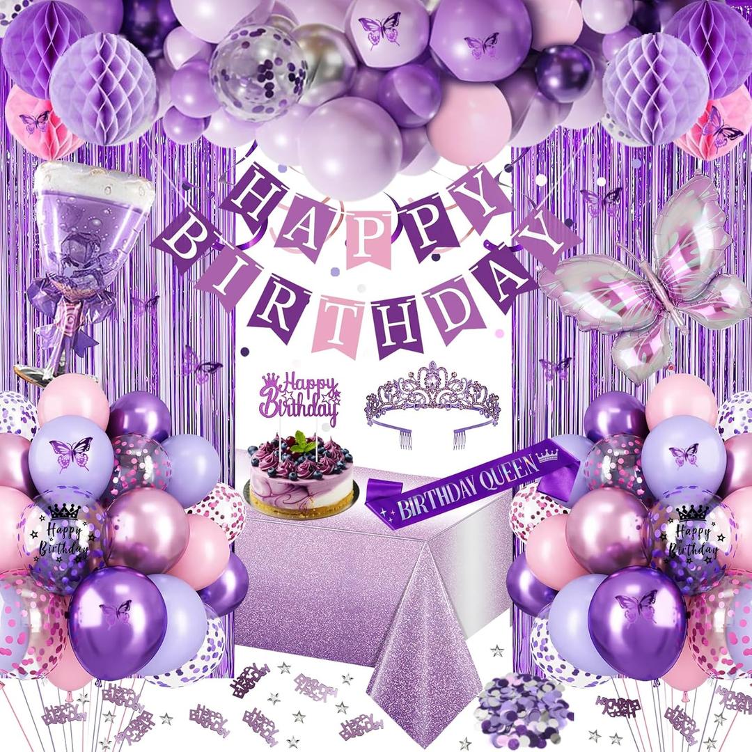 Purple Birthday Decorations, Purple Pink Party Decorations with Happy Birthday Banner, Balloons, Bday Sash, Crown, Butterfly, Tablecloth, Fringe Curtain, Honeycomb Ball for Women Girls Party Supplies