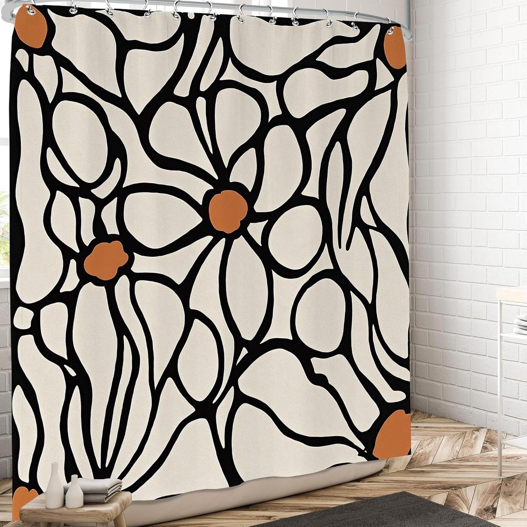 Abstract Matisse Flower Shower Curtain 72x72 Inch Funky 70S Cute Boho Floral Shower Curtains Set Aesthetic Geometric Black and White Bath Curtain Modern Art Vintage Retro Bathroom Decor, Matisse Flower 2, 72"W x 72"L (Pack of 1)