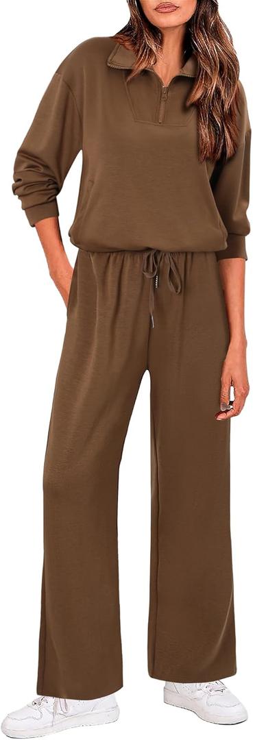 KISSMODA 2 Piece Sets for Women Sweatsuit Casual Tracksuit Long Sleeve Half Zip Sweatshirt Wide Leg Pants 2025 Lounge Outfits (Small)