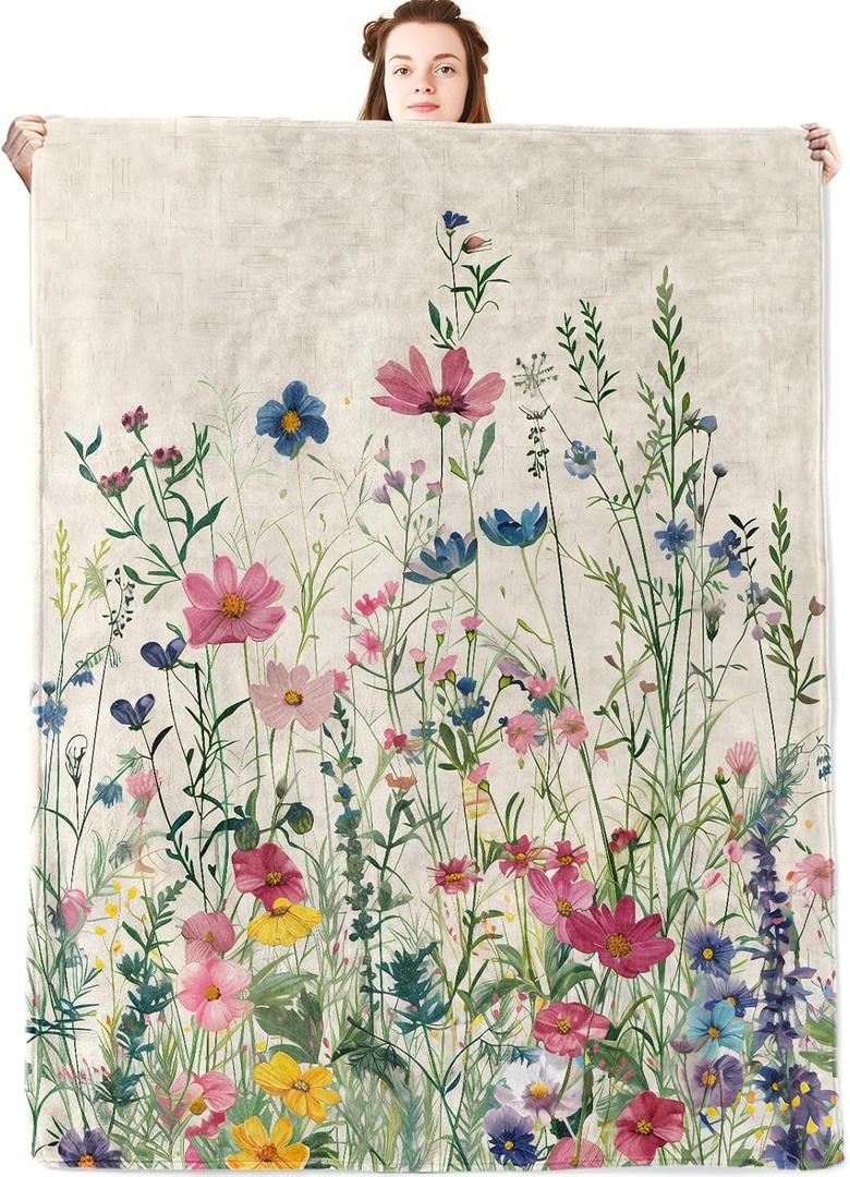Wildflower Flannel Blanket,Colorful Meadow Flower and Botanical Throw with Cream Background,Lightweight Fleece Blankets for Blossom Lover,Couch,Cabin,Bed,Camping Floral Decor Gifts,50x40in