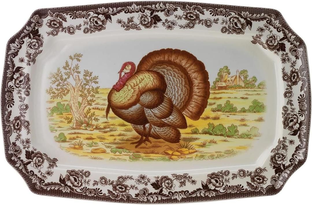 Spode Woodland Turkey Rectangular Platter  17.5 Inch Fine Porcelain Serving Tray from the Woodland Turkey Collection, Microwave, Dishwasher & Warm Oven Safe  Holiday Tableware Made in England