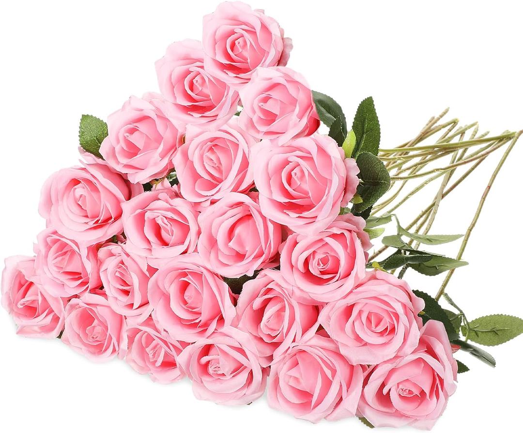 Hotop 20 Pcs Artificial Rose Flowers with Long Stem,Real Touch Silk Realistic Plastic Bouquet Roses Bulk for Home Decor Bridal Wedding Party Table Centerpieces Decorations(Pink)