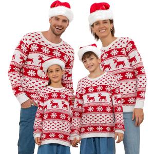 Ugly Christmas Matching Family Sweater Xmas Knit Outfit with Hat Pullover Sweaters Classic Traditional Holiday Jumper (White Red Elk Snowflakes)