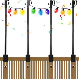 4 Pack Deck String Light Poles with Adjustable 3" Clamp, Outdoor Light Poles for String Lights Christmas Garden Backyard Deck Fence Railing Hanging Bird Feeders, Lanterns, Wind Chimes (63 Inch)