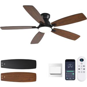 52inch Ceiling Fans with Lights, Low Profile Ceiling Fan with Light and Remote/APP Control, DC Reversible Motor, Noiseless, Flush Mount, Brown Ceiling Fan for Bedroom Indoor/Outdoor Use