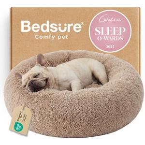 Bedsure Calming Dog Bed Medium Size Dog - Donut Washable Medium Pet Bed, 30 inches Anti-Slip Round Fluffy Plush Faux Fur Cat Bed, Fits up to 45 lbs Pets, Camel