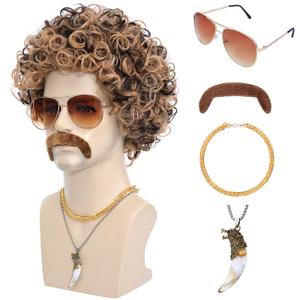 6pcs Set 70s 80s Disco wig with Mustache Glasses Artificial Wolf Necklace Golden Chain Short Curly Hair Afro Mens Wig for 60s Hippies Costume Cosplay Halloween Party (Blonde Mixed Brown)