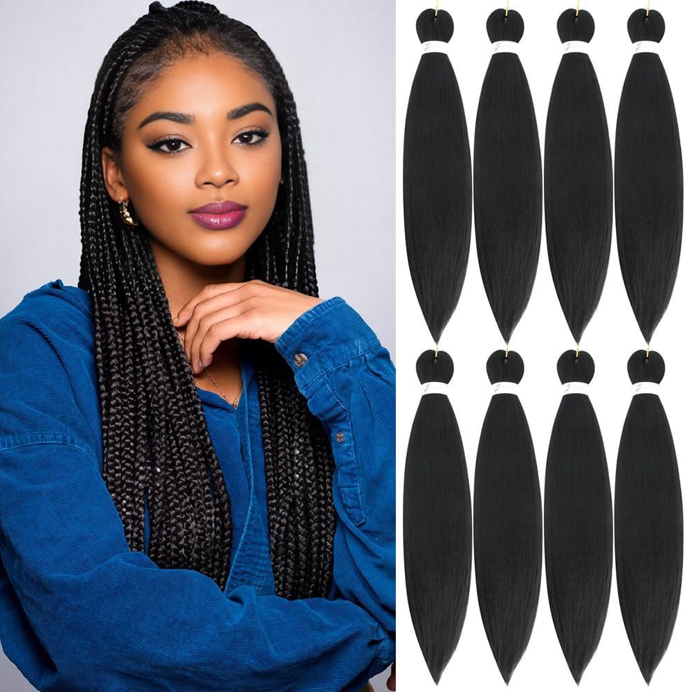 Braiding Hair Pre Stretched 20 Inch 8 Packs Pre Stretched Braiding Hair Extension For Braiding For Box Braids Hot Water Setting Soft Yaki Texture Easy To Twist(20Inch,1B)