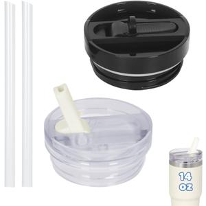 2 PACK 14 Oz Leak Splash Proof Lid, 14 Oz Tumbler Detachable Flip Straw Lid Replacement Accessories, Reusable Spill Proof Screw on Flip Straw Tumbler Cover (Black, Cream)