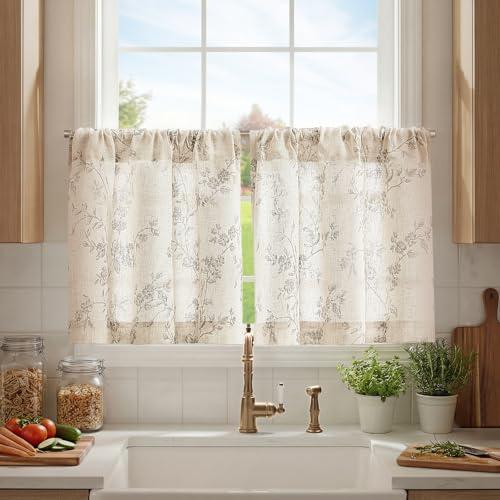 jinchan Floral Kitchen Curtains 24 Inch Linen Tier Curtains Farmhouse Cafe Half Window Drapes Over Sink Light Filtering for Living Room Laundry RV Rod Pocket 2 Panels Grey on Beige