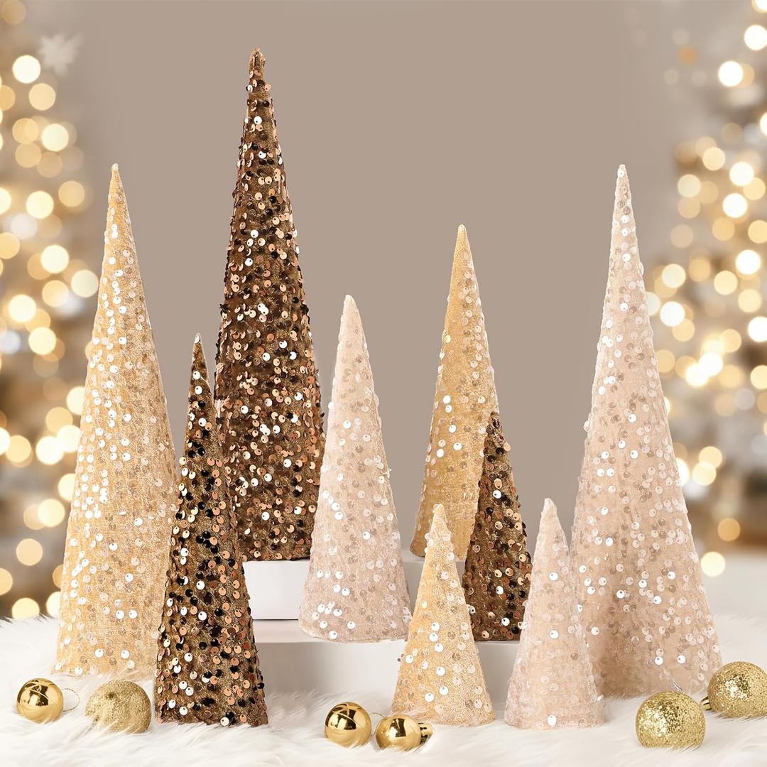 Christmas Table Dcor: 9pcs Neutral Cone Christmas Trees with Earth Tones Glitter Sequins Surface, Modern Christmas Decorations for Xmas New Year Soft Cozy Winter Holiday Home Dcor