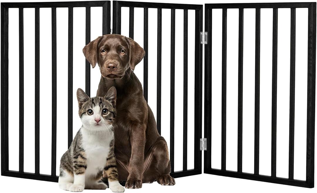 Pet Gate - 3-Panel Indoor Foldable Dog Fence for Stairs, Hallways, or Doorways - 54x24-Inch Wood Freestanding Dog Gates by PETMAKER (Black)