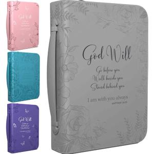 DEHITE Bible Cases for Woman  Leather Bible Covers for Women  Carrying Bag for Woman  Pen Slots  Zippered Pocket  Premium Faux Leather Holder  Christian Floral Accessories (Large, Grey)