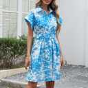 Women's Button Down Shirt Dress Floral Printed V-Neck Turn Down Short Sleeve Mini Casual Trench Coat Formal Blue, Medium
