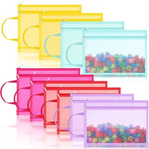 10 Pack A4 Colored Mesh Double-layer Mesh Zipper Pouch Bags Nylon Puzzle Building Block Sets Toy Storage & Organization, Breathable Zipper Pouch with Handle for School Office (Bright Colors)