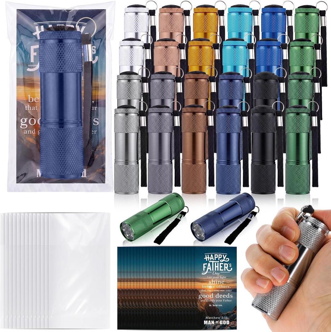 Tuanse 24 Set Father's Day Christian Gifts Bulk for Men Include Mini Flashlights Father's Bible Verse Card Aluminum LED Torches for Dad Husband Religious Sunday School Gifts, No Include Batteries