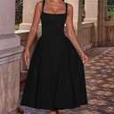 Mieazom Women's Summer Mock Knot Front Maxi Dress Sleeveless Square Neck Corset Ruched Waist Emipre Flowly Casual Dresses, Small, Black