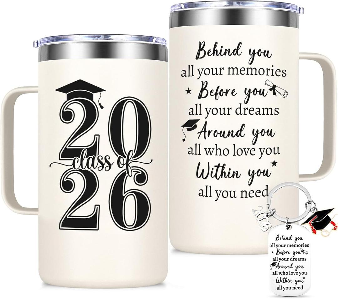 Lifecapido Graduation Gifts for Her 2026, Class of 2026 Insulated Mug with Keychain, Lid & Straw, High School College Masters Degree Graduation Gifts for Women Daugher Friends(20oz Cream)