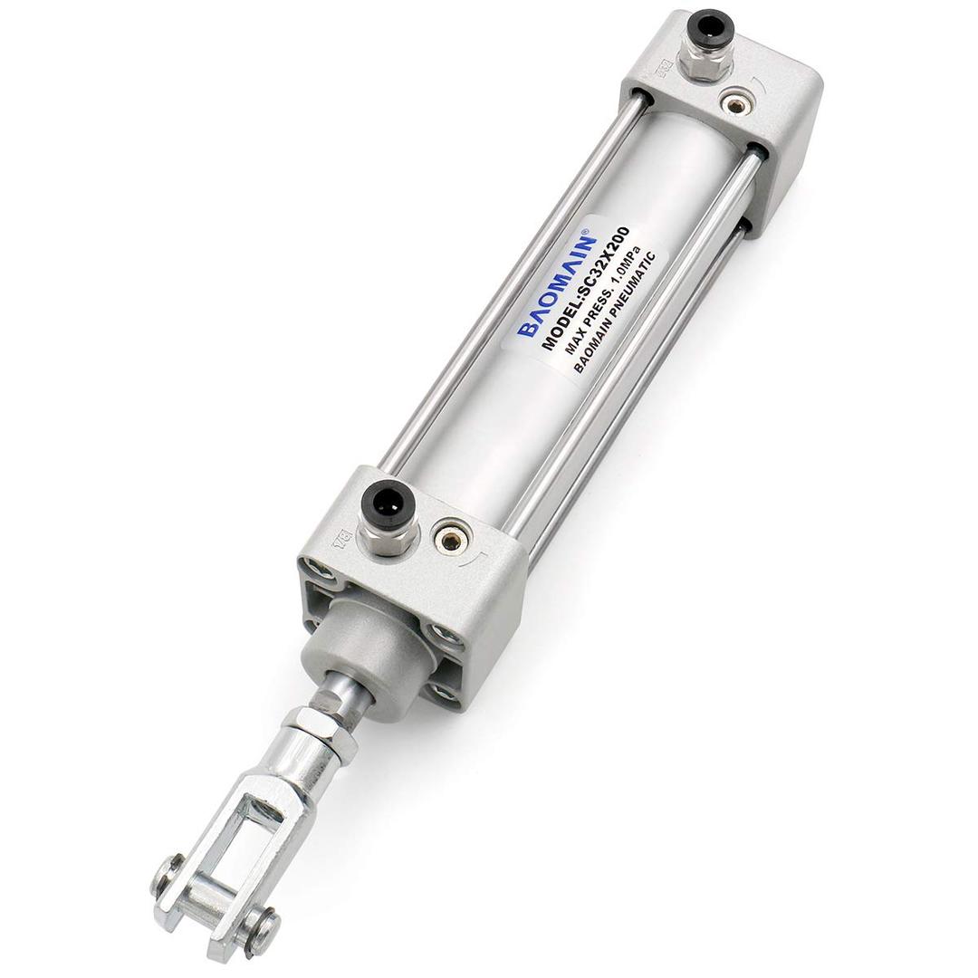 Baomain Pneumatic Air Cylinder SC 32 x 200 PT 1/8, Bore: 1 1/4 inch(32mm), Stroke: 8 inch(200mm), Single Thread Piston Rod Dual Action, a Y-Component & 2Fittings