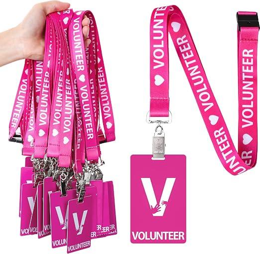 25 Pack Volunteer Lanyard with PVC Plastic Card Pass Volunteer Identification ID Badges Bulk Breakaway Lanyard for Activity, Fundraising, Church, School, Events(Pink)