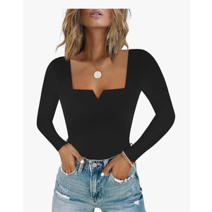 Chunpin Women's Square Neck Notch V Neck Long Sleeve Bodysuit Tops Double Lined Thong Bodysuit, XXL