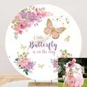 OERJU 6x6ft Butterfly Round Backdrop Cover A Little Butterfly is On The Way Watercolor Flower Photography Background Baby Shower Girls Birthday Party Decor Photo Studio Prop