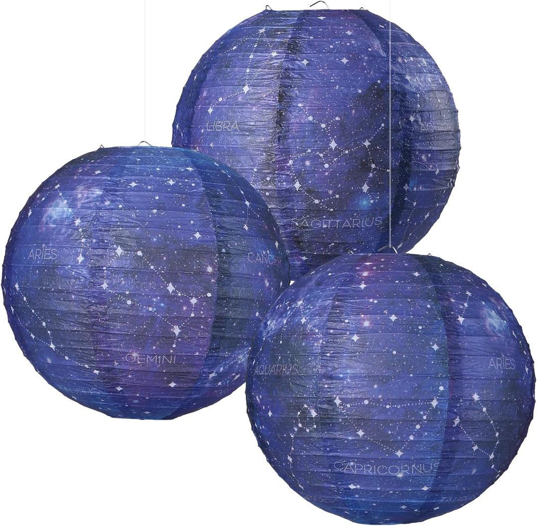 3pcs Galaxy Paper Lanterns with Constellation, 12 inch Space Party Decor, Galaxy Themed Paper Lanterns for Galaxy Party Decorations Party Birthday Room Decorations