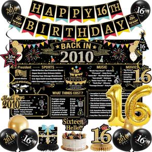 Holkcog Black Gold 16th Birthday Decorations, Back In 2010 Backdrop Decor, Banner Cake Topper Hanging Swirl Gold 16 Balloons Paper Fans Balloon for Boys, Vintage 2010 Party Supplies, 16 Girls Gifts