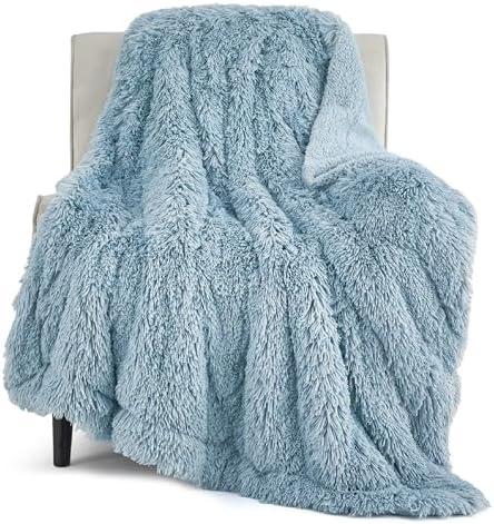 Bedsure GentleSoft Fuzzy Sherpa Faux Fur Blue Twin Blanket Cozy Gifts for Women Men, Soft Fleece Plush Warm Minky Thick Blanket Twin Size for Bed, Couch, Room Decor Dorm Essentials Blue Gifts, 60x80