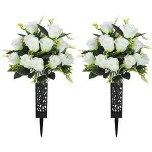 4 Bouquets White Artificial Cemetery Flowers with 2 Vase, Fake Rose Grave Flower for Cemetery Headstones Memorial Outdoor Decorations(White