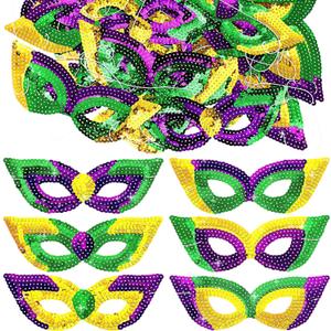 Hanaive 50 Pcs Mardi Gras Masks for Women Mardi Gras Sequin Shining Mask Bulk Masquerade with Elastic Band Photo Props Decorations for Party