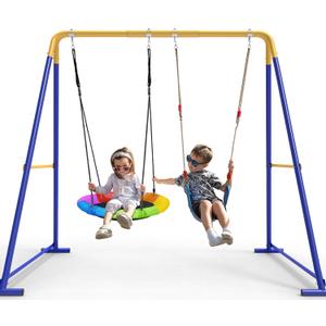 Swing Sets for Backyard, Toddler Swing Set with 2 Seat 1 Saucer & 1 Belt Seat, 440lbs Heavy-Duty Swing Frame w/8 Ground Stakes, A Frame Outdoor Swingset for Kids and Adults for Backyard (Blue)