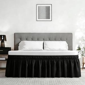 Vocander Wrap Around Black Twin Size Bed Skirt 14 Inch Drop, Elastic Dust Ruffle Easy to Put On, Solid Bedskirt Polyester Fabric Machine Washable Dryable and Ironable