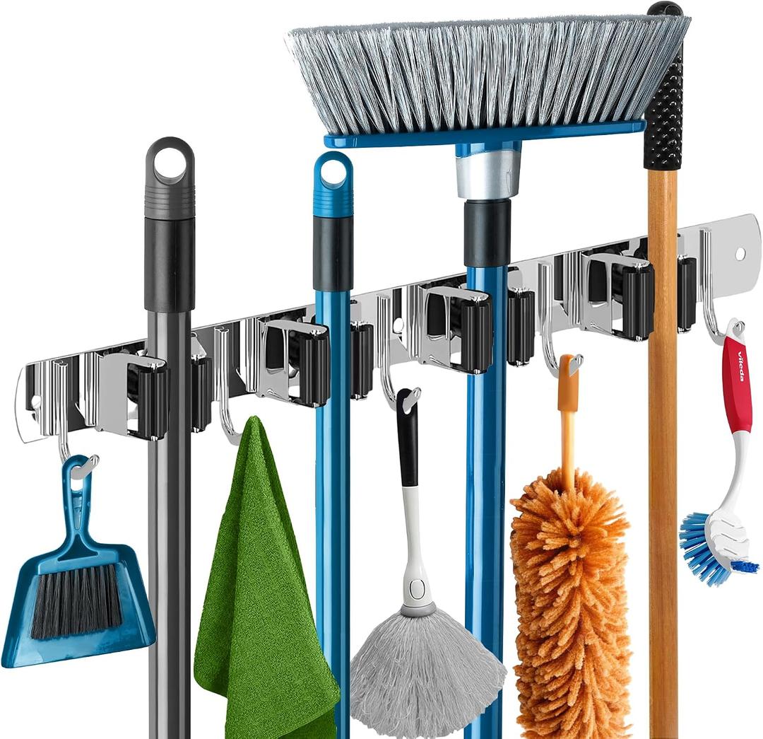 The Good Stuff Heavy Duty Mop and Broom Holder Wall Mount Stainless Steel 5-Rack Organizer with 4 Hooks Space Saving, Rust-Resistant Utility Rack for Garage, Kitchen, Laundry or Garden Tools