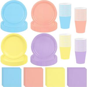 256 Pcs Pastel Party Supplies Paper Plates Cups Napkins Macaron Color Pink Cutlery Include Paper Plates Cups Napkins Pastel Mix Color Disposable Dinnerware Party Decorations for Baby Shower