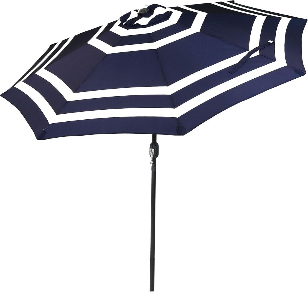 Sunnydaze 9ft Striped Outdoor Umbrella for Patio, Pool or Yard - Polyester Table Market Umbrella with Tilt and Crank - Navy Blue Stripe