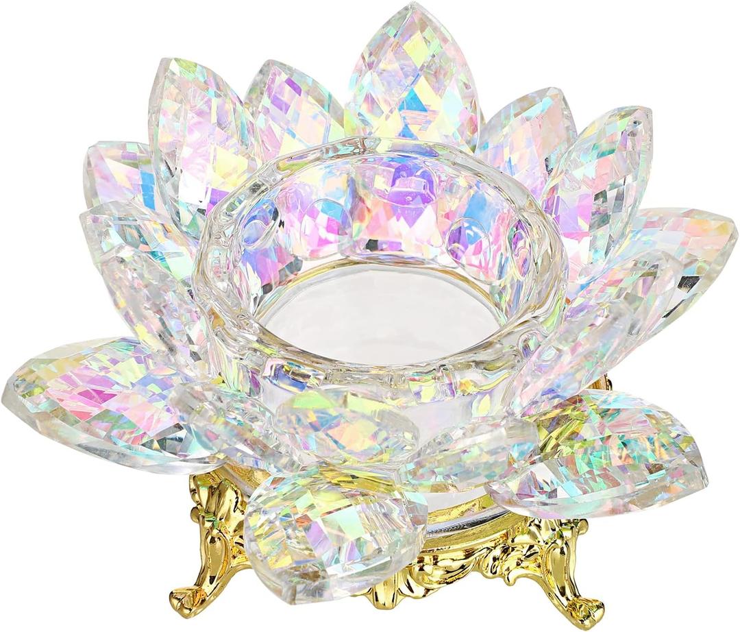 OwnMy Crystal Lotus Flower Tea Light Holder Votive Candle Stand with Gold Metal Base, AB Color Glass Lotus Tealight Candlestick Holder Candle Lamp for Table Centerpiece Wedding Decor