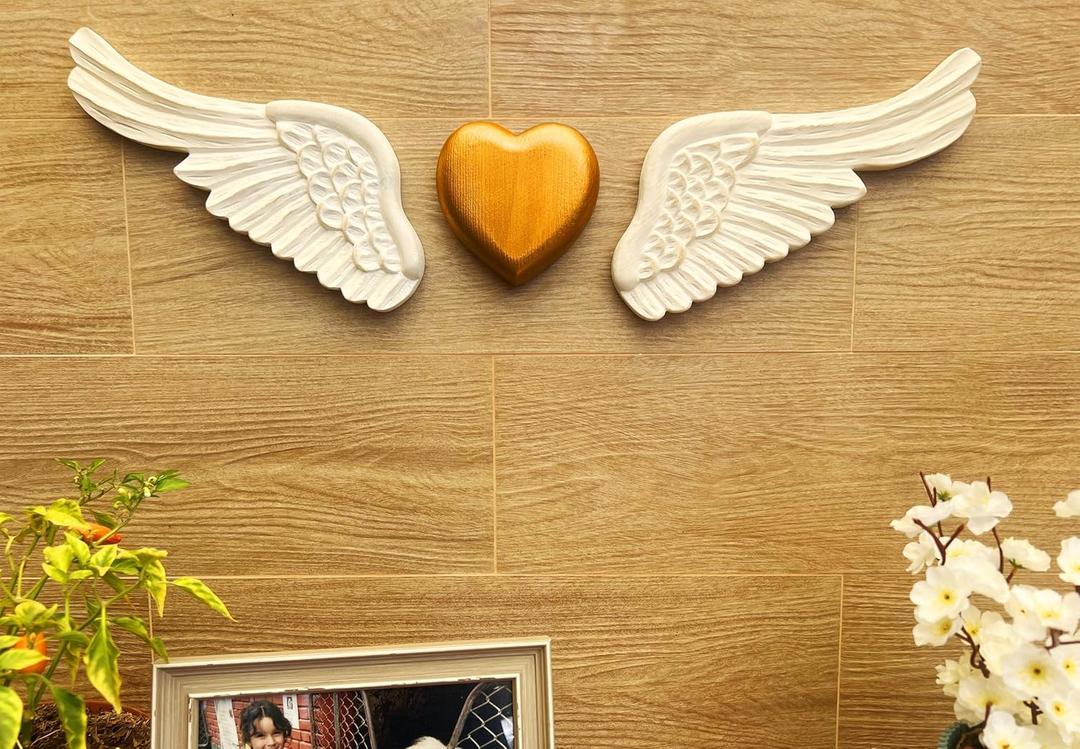 Bimodal Handmade Wooden Wall Art  Gold Heart & Wings  Elegant Rustic Home Decor for Bedroom, Living Room, Kitchen, or Terrace  Great for Weddings, Anniversaries & Gifts for Her  30 Wide.
