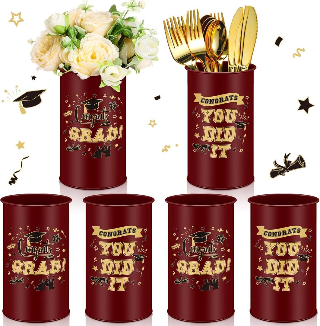 Domensi 6 Pcs 2025 Graduation Table Centerpiece Vase Decorations Class of 2025 Galvanized Metal Tin Vases for Artificial Flowers Grad Caps Cutlery Utensil Holder for Party Supplies Gifts(Maroon) (Burgundy Red)