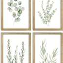 Botanical Wall Decor Sign 16x11 Inch Set of 4 Sage Green Plants Wood Framed For Bathroom Modren Bedroom Aesthetic Watercolor Laundry Room Art Wall Hanging (Wood) (16L" x 11W")