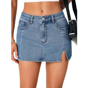 Rooscier Women's High Waist Mini Denim Jean Skorts Button Zipper Side Slit Summer Skirt M