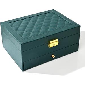 GUOER Jewelry Box for Women Girl Wife - Large PU Leather Jewelry Organizer Storage Case with Two Layers Display for Earrings Bracelets Rings Watches (Green)