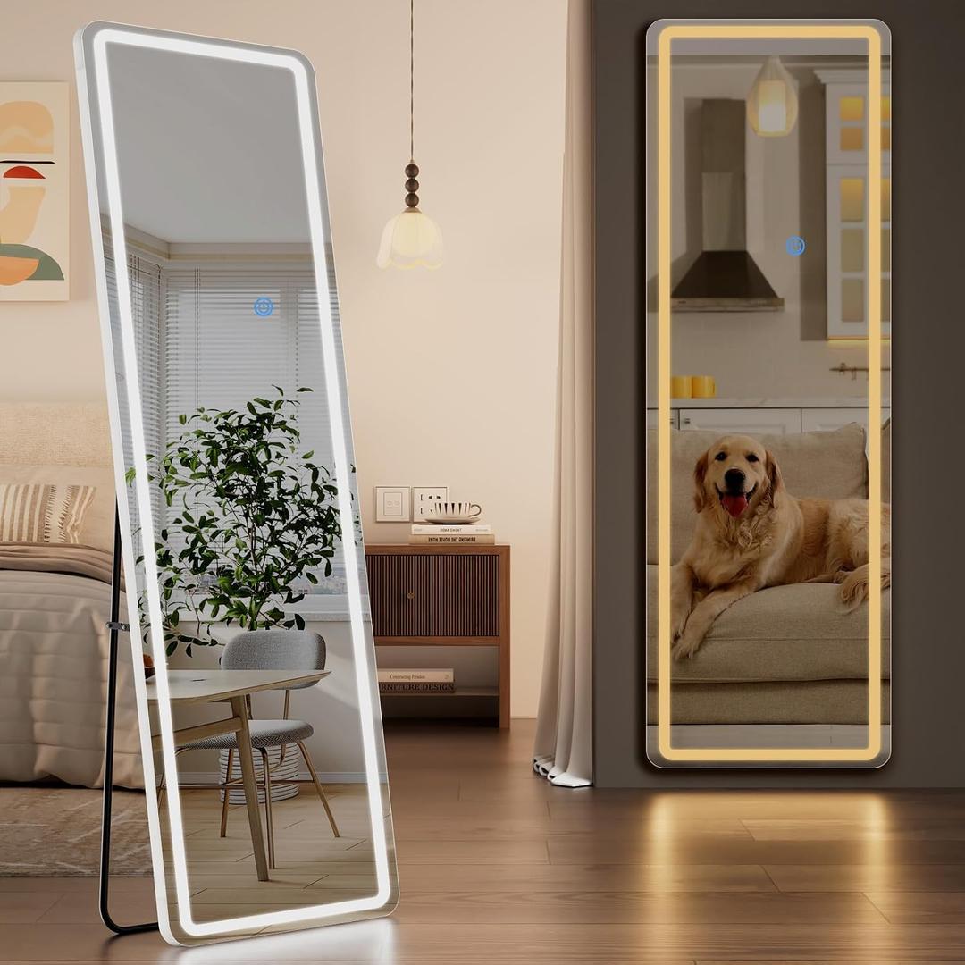 Koonmi LED Full Length Mirror, 56"x20" Full Length Mirror with Lights, Lighted Floor Mirrors with Stand, Full Body Mirrors with Dimming & 3 Color Lightingfor Living Room Cloakroom, White