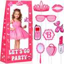 4.5FT Life Size Doll Photo Booth with 9Pcs Photo Props, Pink Princess Birthday Party Decorations for Girls, Doll Theme Photobooth Backdrop & Lets Go Party Supplies for Photoshoot