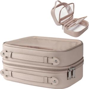 Clear Cosmetic Bag Double Layer Travel Toiletry Bag Clear Makeup Bag Case with 4 Compartments, Transparent Travel Bag for Toiletries, Large Toiletry Bag for Women Cosmetic Case (Taupe, Large)