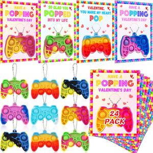 24 Pack Valentines Day Cards for Kids Classroom with Mini Pop Fidget Keychain Valentines Day Gifts for Kids School, Valentine Exchange Cards for Class Party Favors Set Toddlers Girls Boys