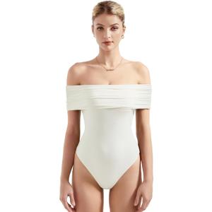 SUUKSESS Women Off the Shoulder Bodysuit Short Sleeve Strapless Thong Body suit (Small, 02 White)